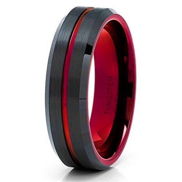 6mm Black Red Line Men's Wedding Band Ring - Perfect for Men and Women - Picture 1 of 6